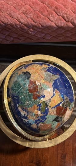 Unique 21" Tall Blue Lapis Tripod Gold Leg table Gemstone World Map Globe
