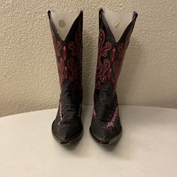 black leather & denim boots size 6