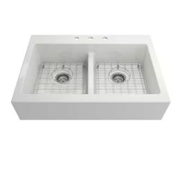 Glacier Bay 34-in Farmhouse Apron Front Double Bowl White Fireclay Kitchen Sink with Bottom Grid