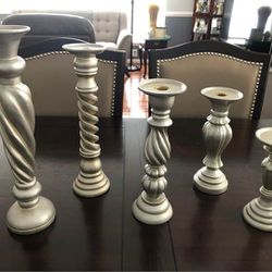 5-pcs beautiful Gray Candle Pillar Holders&7 pillar candles.Height between 8” to 16”.