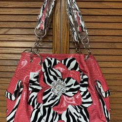 Pink Croc Faux Leather Black & White Zebra Flower Purse Handbag Tote Bag