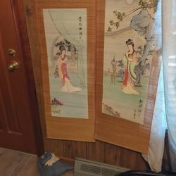 Chinese Painting On Bamboo  Wall Scroll  Asian  Geisha girlsWall Hanging Wall Decor
