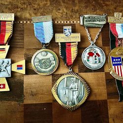 Lot Of 5 Large Vintage German Sports Medals Pewter Enamel Silk Ribbon From1970s