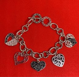 Vintage Brighton Puffy Heart Charm Silver Toggle Bracelet