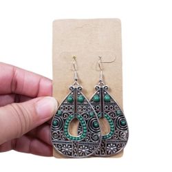Silver Toned Green Accent Drop Earrings