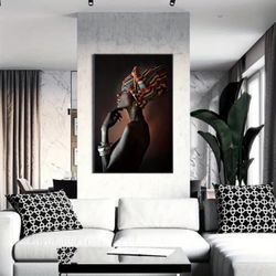 1pc African Art Black Girl with Silver Jewelry - Stunning Wall Canvas Painting for Living Room Decoration