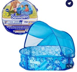 Swimways Elite Pop-Up Above Ground Pool, Baby Pool with Canopy & Carrying Case, Foldable Kiddie Pool for Ages 9-24 Months, Measures 32", Blue