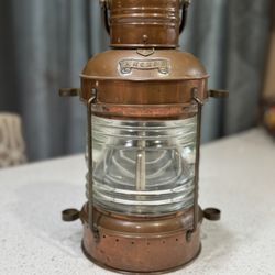 Antique Copper & Brass Anchor Ship’s Lantern – Original Oil Lamp