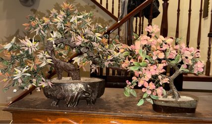 Vintage Chinese Jade Stone & Peking Glass Bonsai Tree Sculptures – Pair