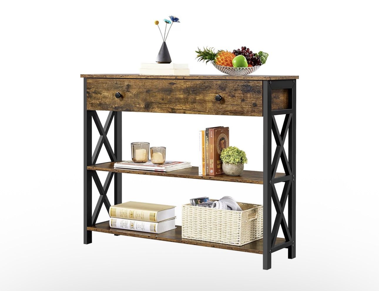 Console Table with Drawer, Entryway Table with 3 Tier Storage Shelves, Narrow Long Sofa Tables for Entryway, Living Room, Hallway, Couch, Kitchen, Met