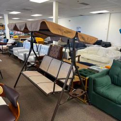 New in box 3 Person Outdoor Weather Resistant Patio Glider Swing Hammock Chair w/ Utility Tray & Sunshade Canopy for Patio, Garden, Deck, or Pool, Tau