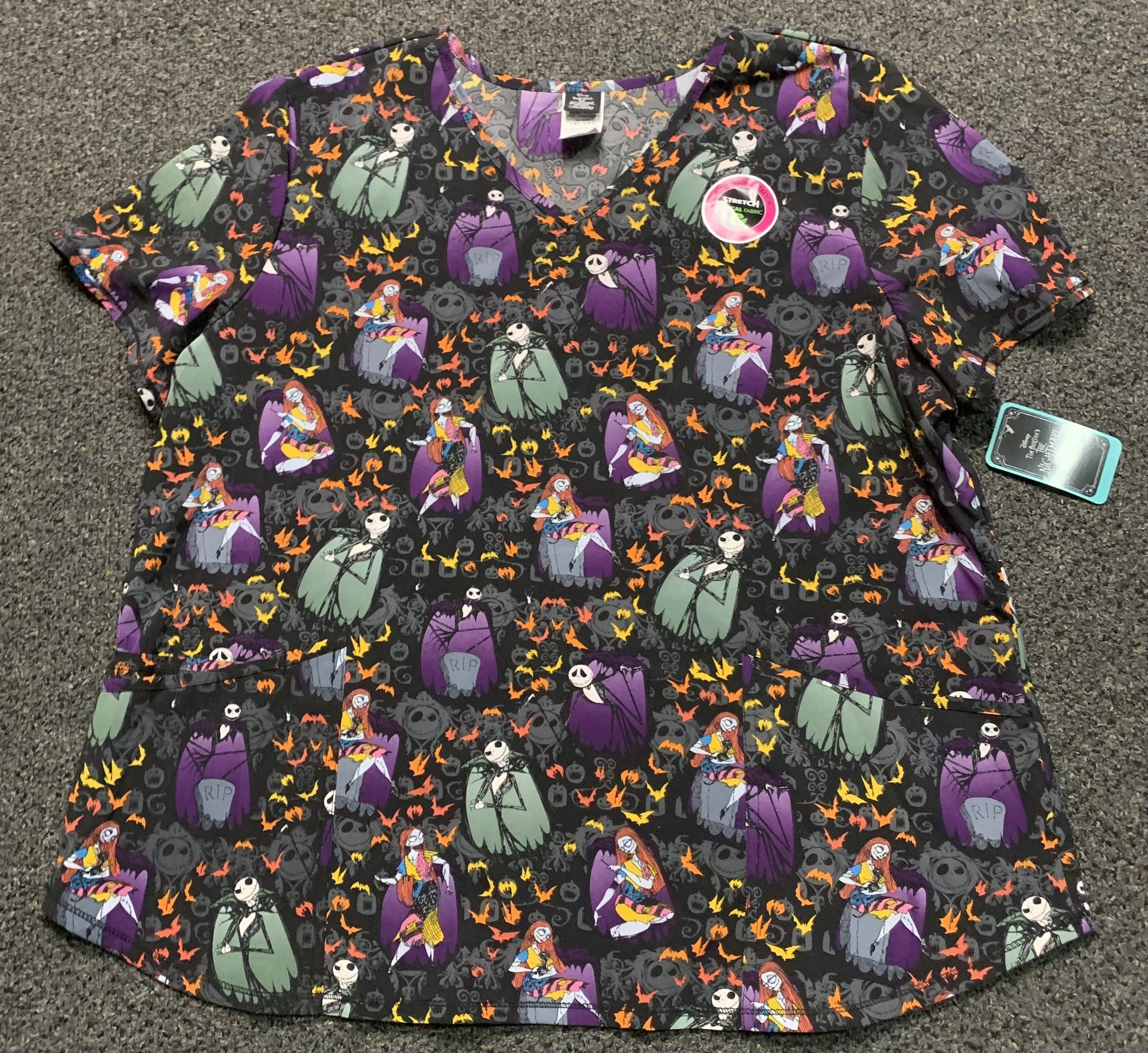 New women’s plus size 2X Nightmare Before Christmas Jack and Sally Skellington ultra soft stretch polyester and spandex Halloween scrub top 