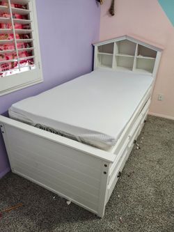 White Twin Captain's Bed with Bookcase Headboard