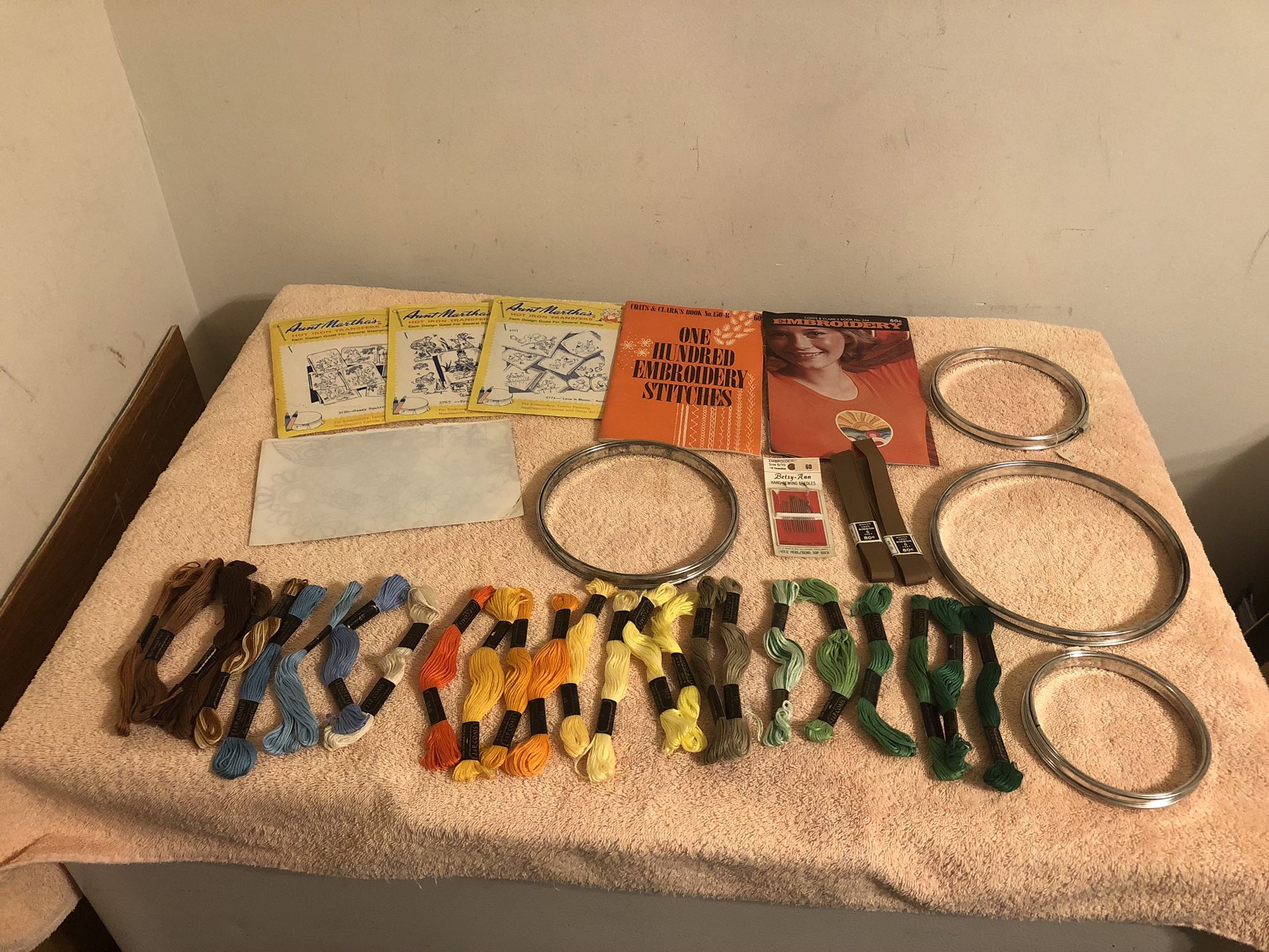 Vintage Lot Of Embroidery Hoops Color Floss Transfers Books Needles & Ribbon