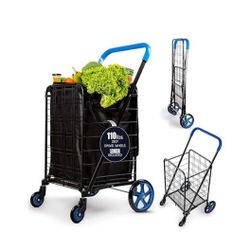 SereneLife Large Folding Utility Shopping Cart with Removable Liner -Heavy Duty, 360° Swivel Wheels, 110 lb Capacity, Portable for Groceries, Laundry
