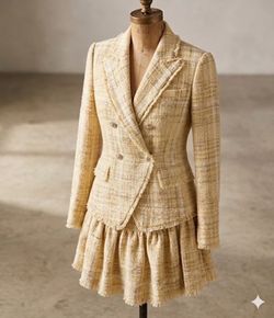 LoveShackFancy Tweed Blazer & Skirt Set (Size 0) - Cream Plaid