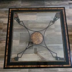 marble, glass and rod iron square coffee table