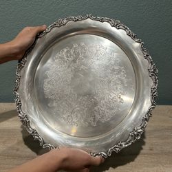 Vintage Silver  Plated Ornate Design 15” Round Serving Tray Platter 