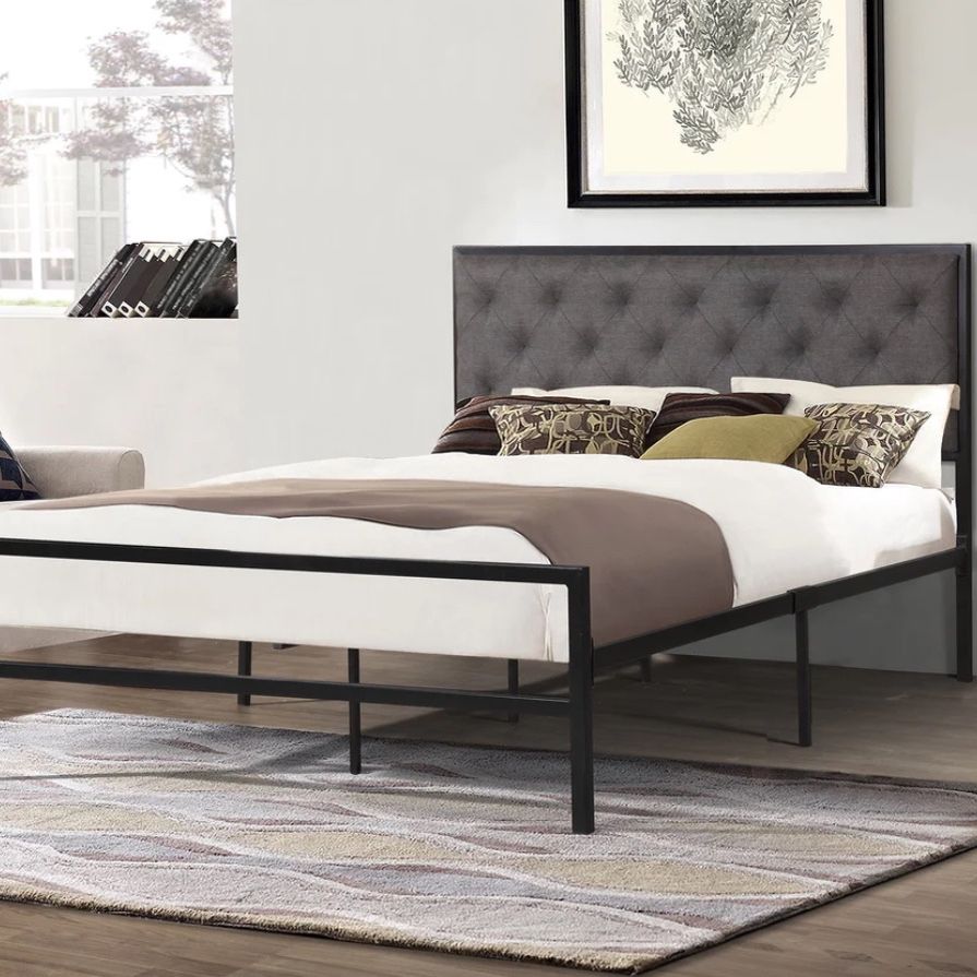 Metal Bed with Grey Fabric Upholstered Headboard - Twin
