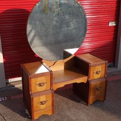 Vintage Unrestored Art Deco Warerfall Vanity With Mirror Stool