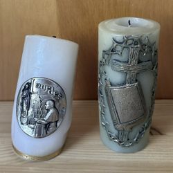 Lot of 2 Religious Themed Pillar Candles - Jasco Reflections/Our Lady Of Lourdes 