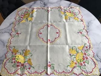 Embroidered Easter Chick and Floral Tablecloth