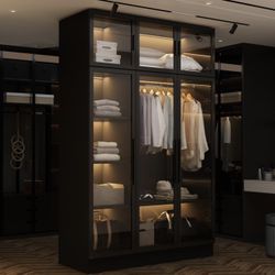 Wardrobe Cabinet with LED Lights, Armoire Closet with Glass Doors, Wooden Large Wardrobe with Hanging Rod & 5 Tiers Shelf, Modern Bedroom Armoire Clot