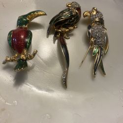 3 Enamel Parrot Broaches