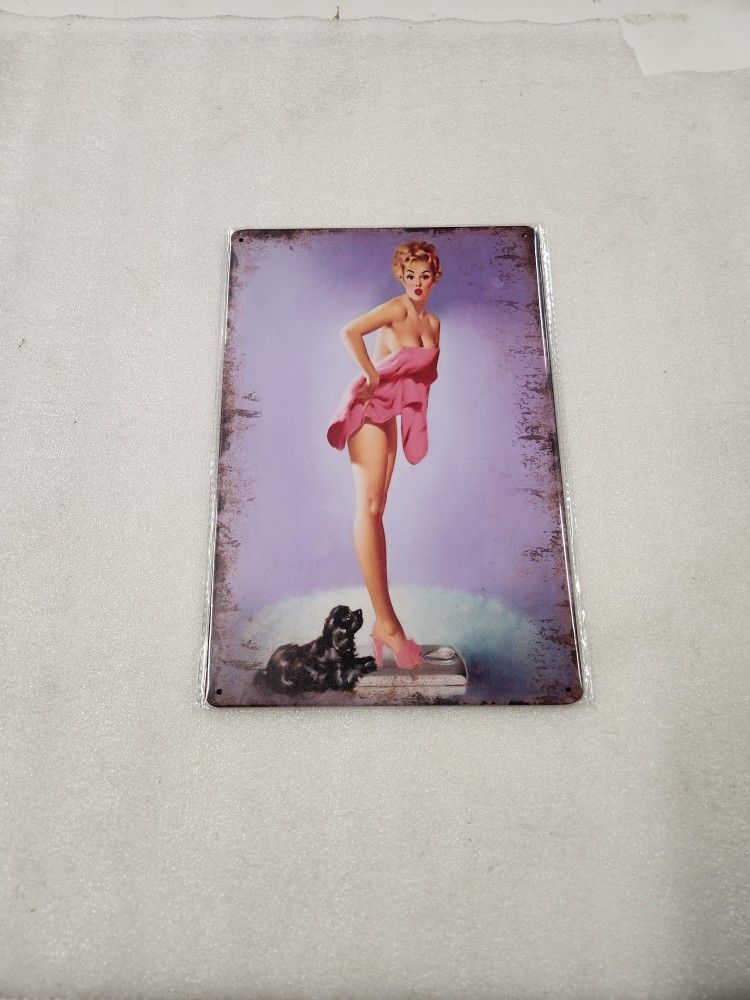 Retro Pinup Girl Weighing Bathroom Scale Metal Sign 