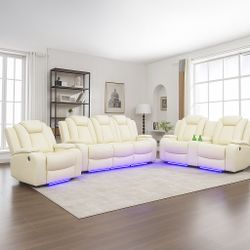 New White Leather Power Reclining Couch Set 3 Pieces