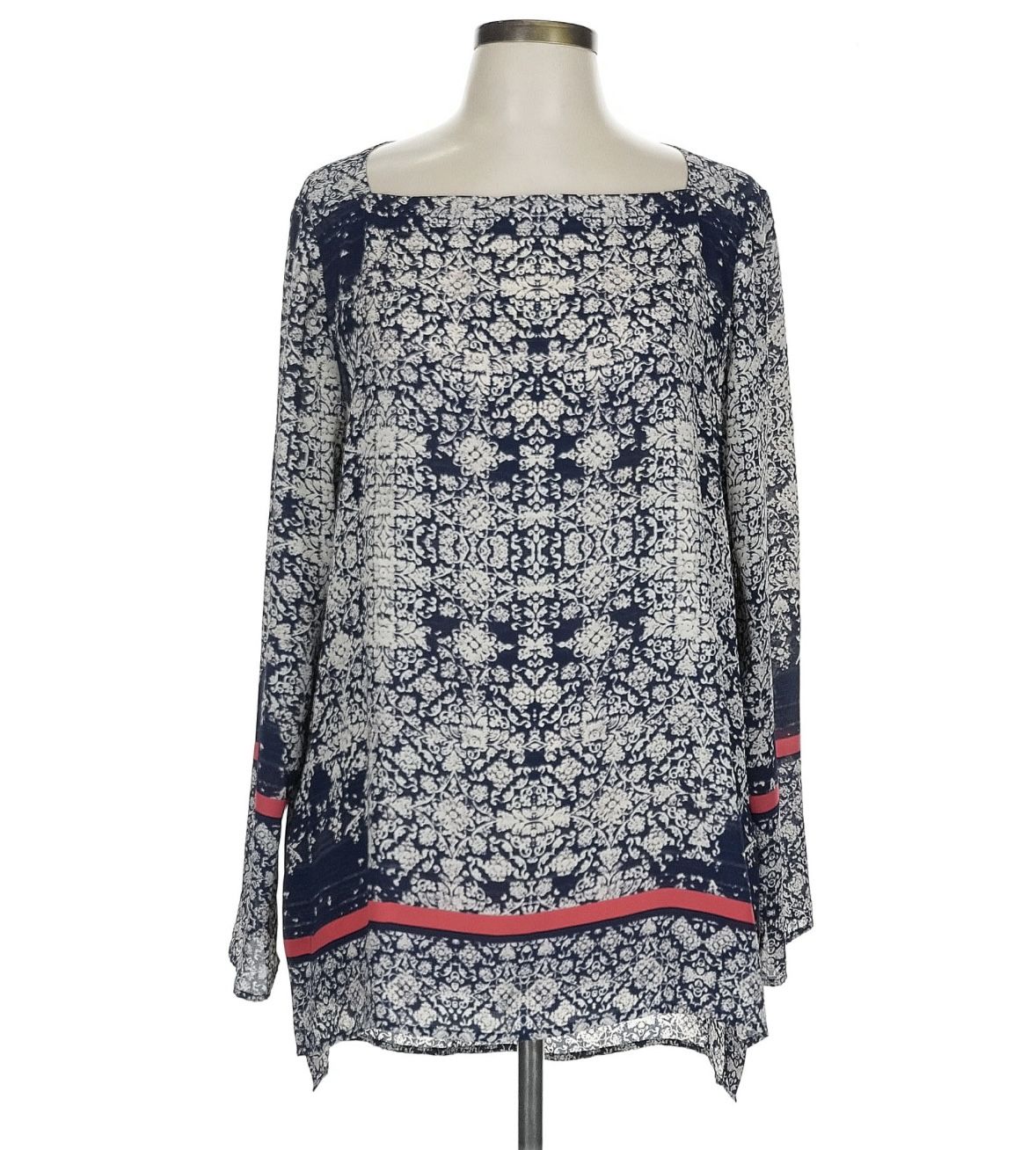 Antonio Melani Long Sleeve, Light Weight “tunic” Patterned Blouse. Size L Approximately 30” In Front, Bum Covering In Back