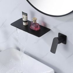 Waterfall Wall Mount Matte Black Single Handle Bathroom Sink Faucet Solid Brass  B49B 