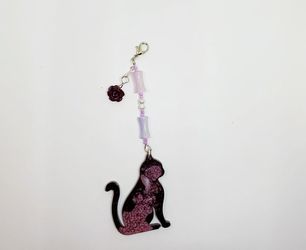 Decorative Key Ring - Bag Charm Multi Color Resin Cat Silver Flower Glass Beaded