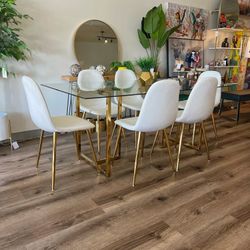 White Gold Velvet Glass Dining Set 