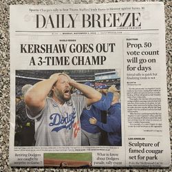 🎁  Dodgers World Series Daily Breeze Newspaper  Kershaw Retires