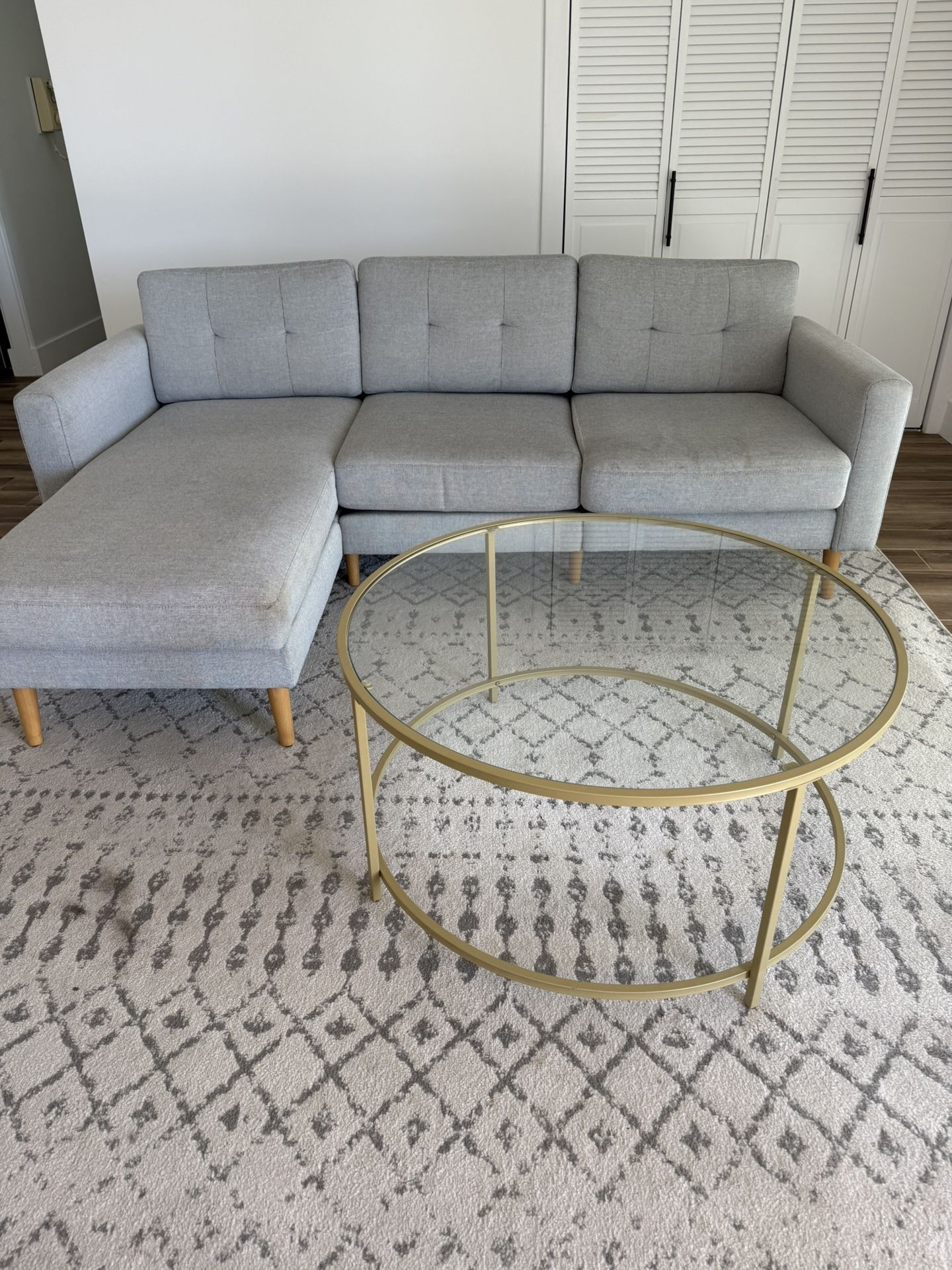 Living Room Sectional  with Chaise, Coffee Table, Rug