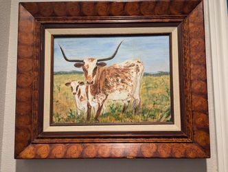 Texas Longhorn And Calf - Oil Painting - 24x20