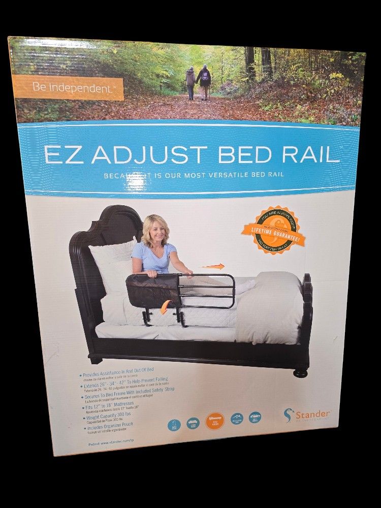 26 in. to 42 in. EZ Adjustable Bed Rail with Swing-down Safety Railing and Pouch, in Black