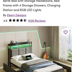 Twin Xl Bedframe with light's drawers and plug-ins. Twin Xl cool gel hybrid mattress. 