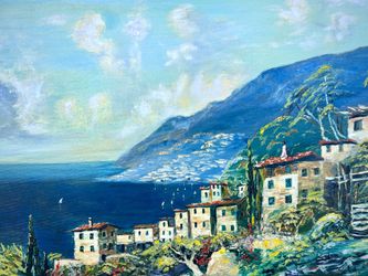 Stunning Seascape Large Oil on Canvas Painting '71 Angus Rose Coastal Mediterranean Frame