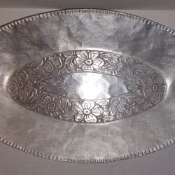 Vintage Hand Forged Aluminum Decorative Tray With Flowers
