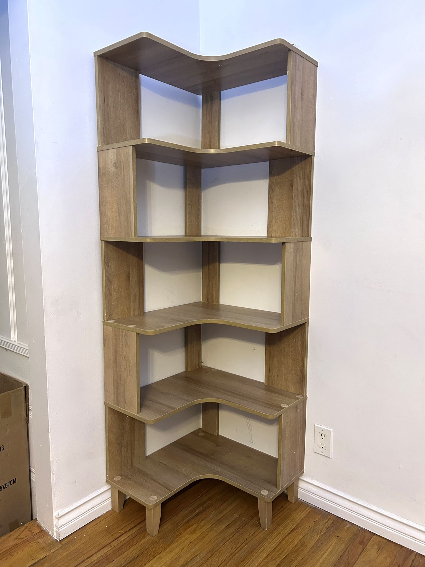 Like New Nordik 6-Tier Natural Oak Modern Mid Century Corner Bookcase, 71.5" Extra Tall Shelf w/ Storage, Multifunctional Freestanding Bookshelf