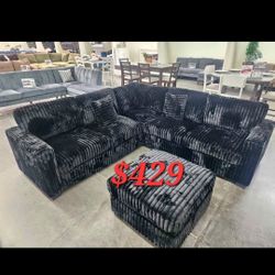 Black Cordrouy Sectional Sofa With Ottoman