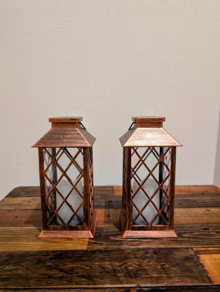 Rustic Outdoor Solar Lanterns – Antique Copper – Flickering Candle Light - Sets Of 2