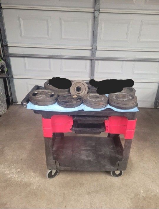 SET OF 13 WEIGHT PLATES ,2 DUMBELLS BARS AND 1 TRICEP BAR. ALL FOR 2 INCHES CENTER HOLE. SOME ARE GRIP WEIGHT PLATES. $150.00 OR BEST OFFER.