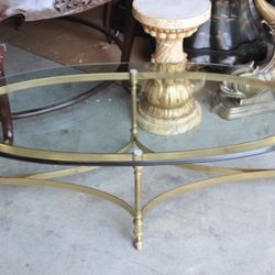 Hollywood Regency Gold Beveled Glass Top Oval Coffee Table 