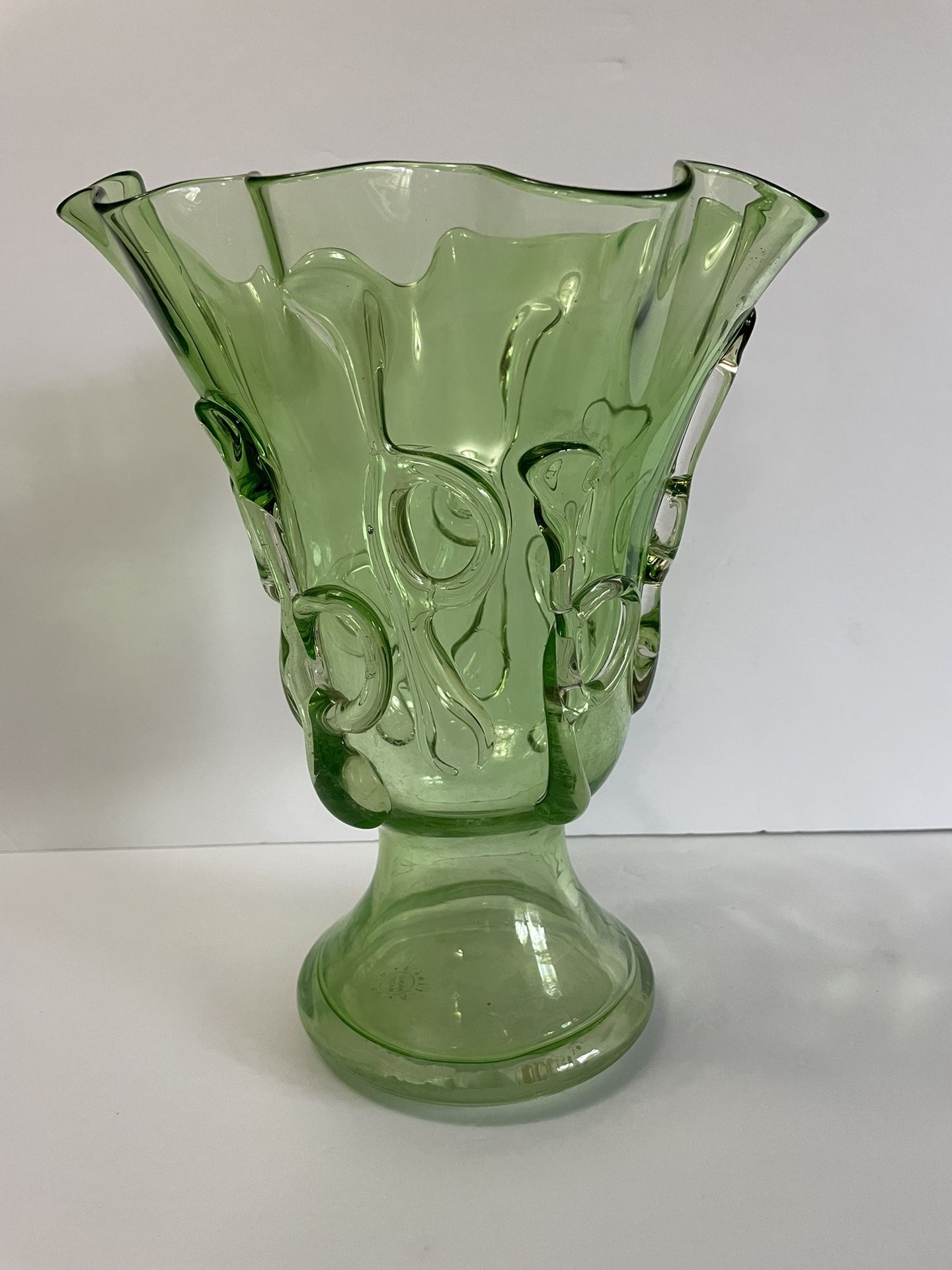 1950’s Hand Blown Green Ruffled Art Glass Vase With Applied Swirling Decorations