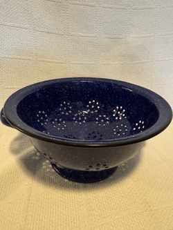 Vintage Cobalt Speckle Petrol Blue Enamelware Colander Pedestal With Handles