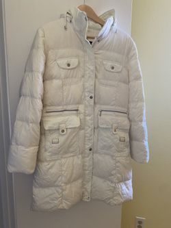 Women's mid-length White down jacket With Hood