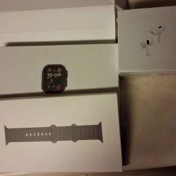 ULTRA 2 Titanium Case Black Ocean Strap Ocean Blue Strap Apple Watch , And Air Pods 2nd Genaration